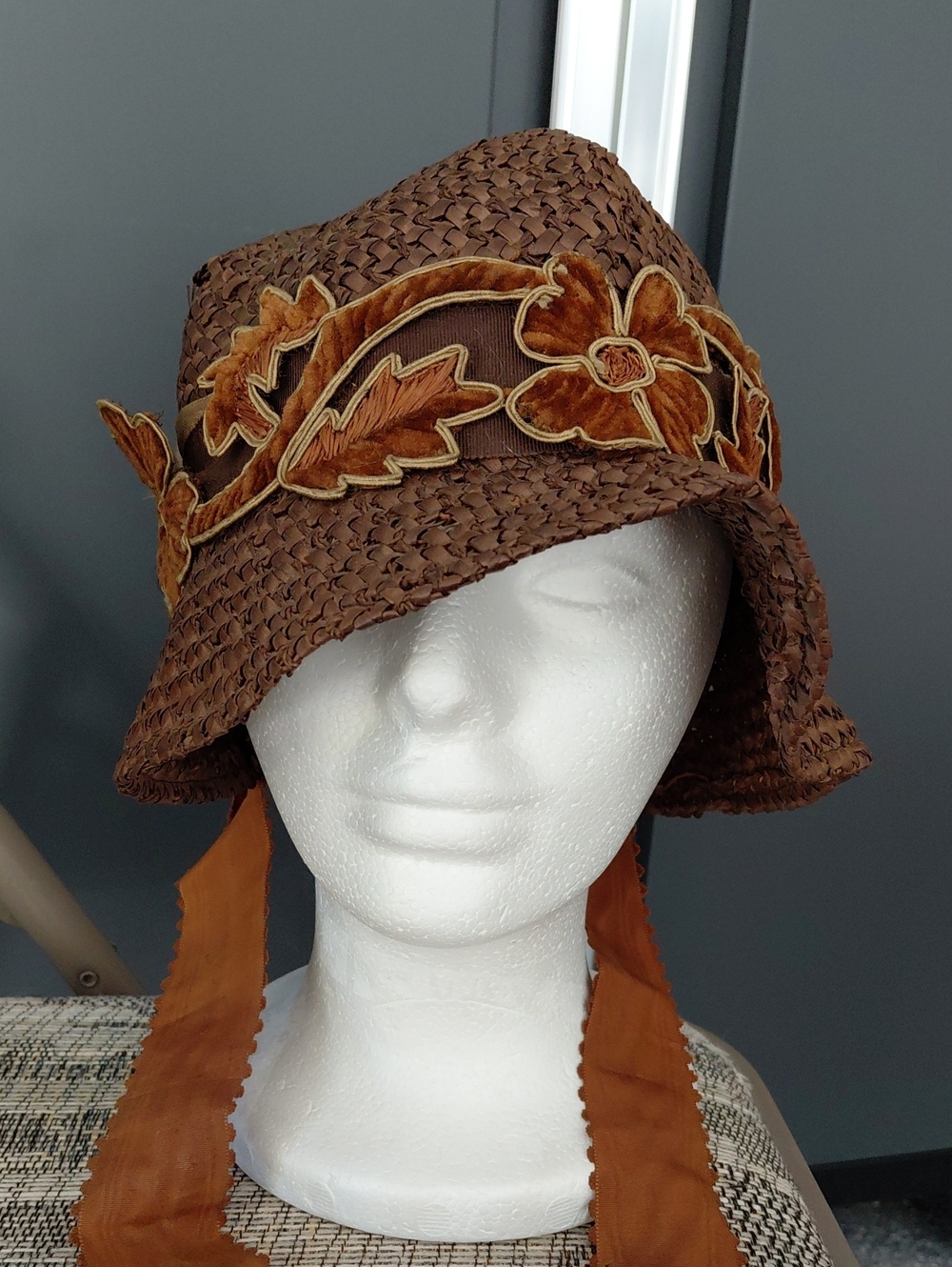 Vintage Brown Floral Straw Cloche Hat with Velvet Trim